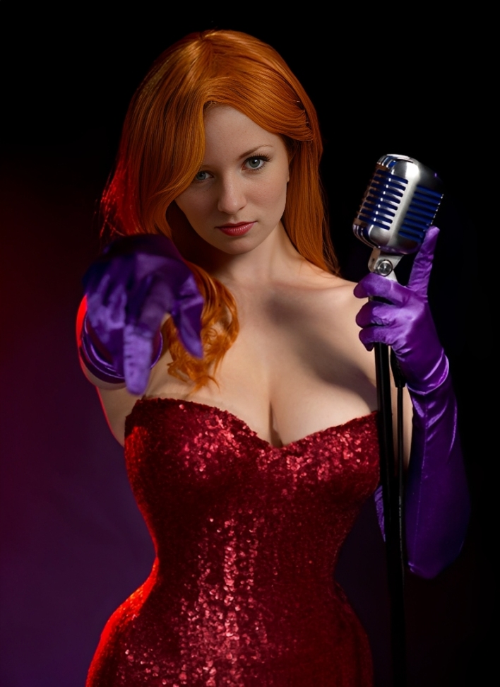 Red sequin gown and vintage mic
