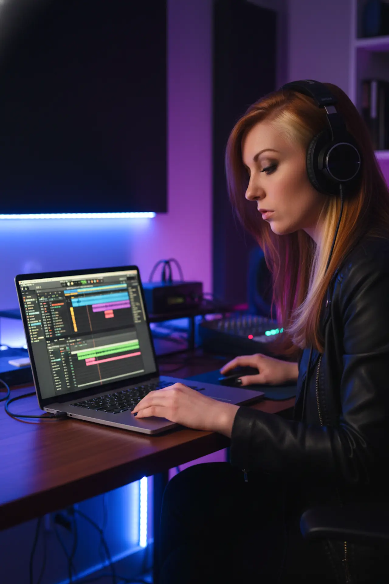 Late-night session with headphones and laptop